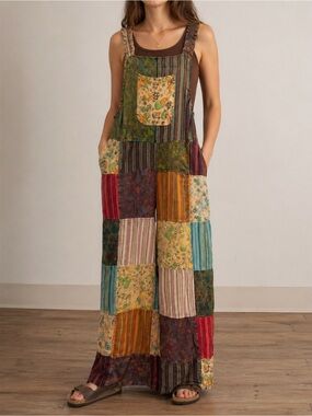 Kathmandu Imports Mushroom Patchwork Cotton Overalls One Size Boho Wide Leg OSFM